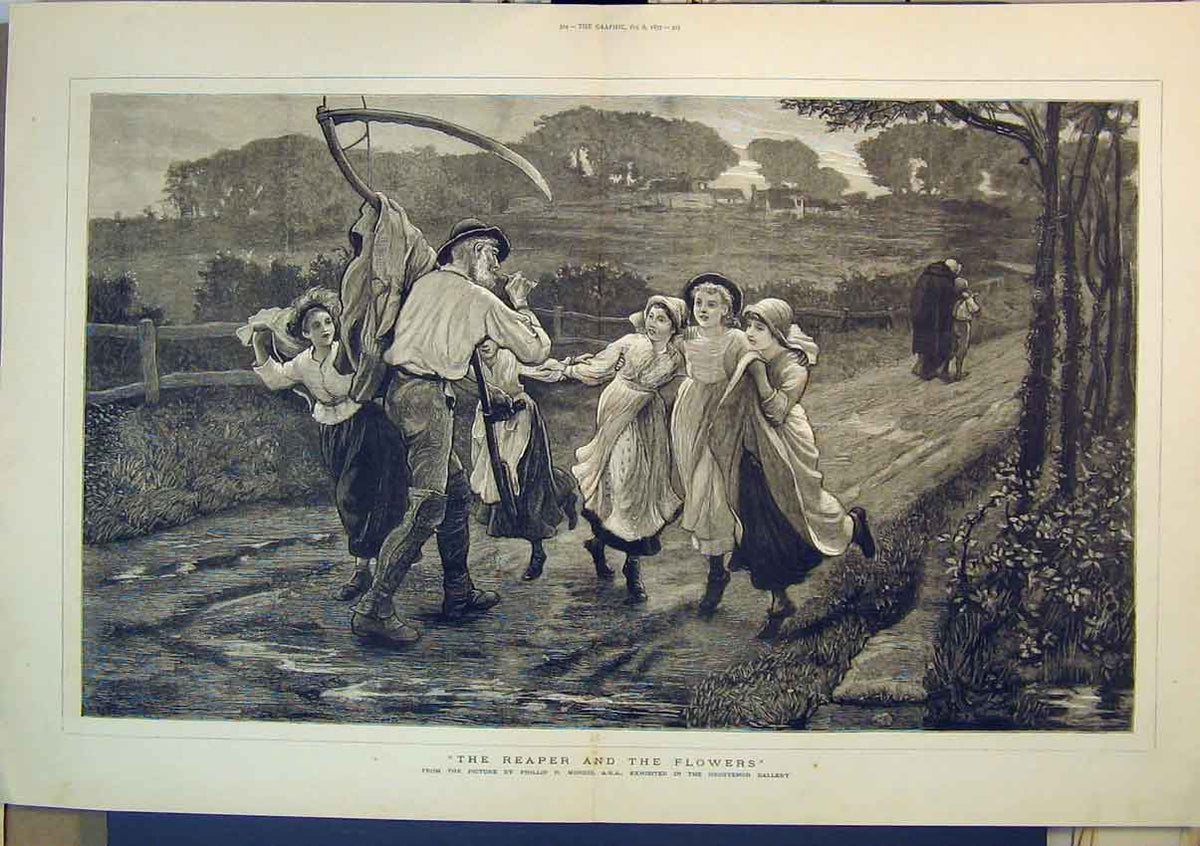 Old Antique Print 1877 Country Life Reaper Flowers Children Farmer Scyth 19th