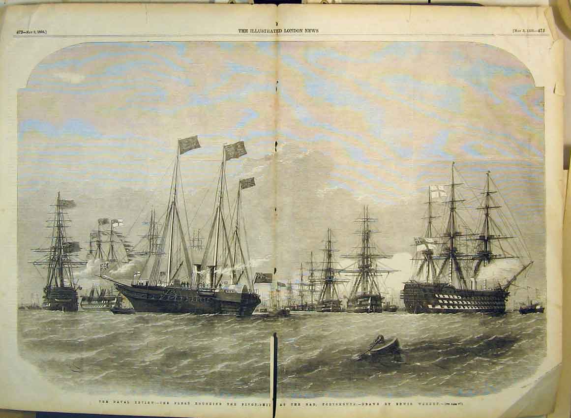 Old Antique Print 1856 Naval Review War Ships Fleet Pivot Portsmouth Nab 19th