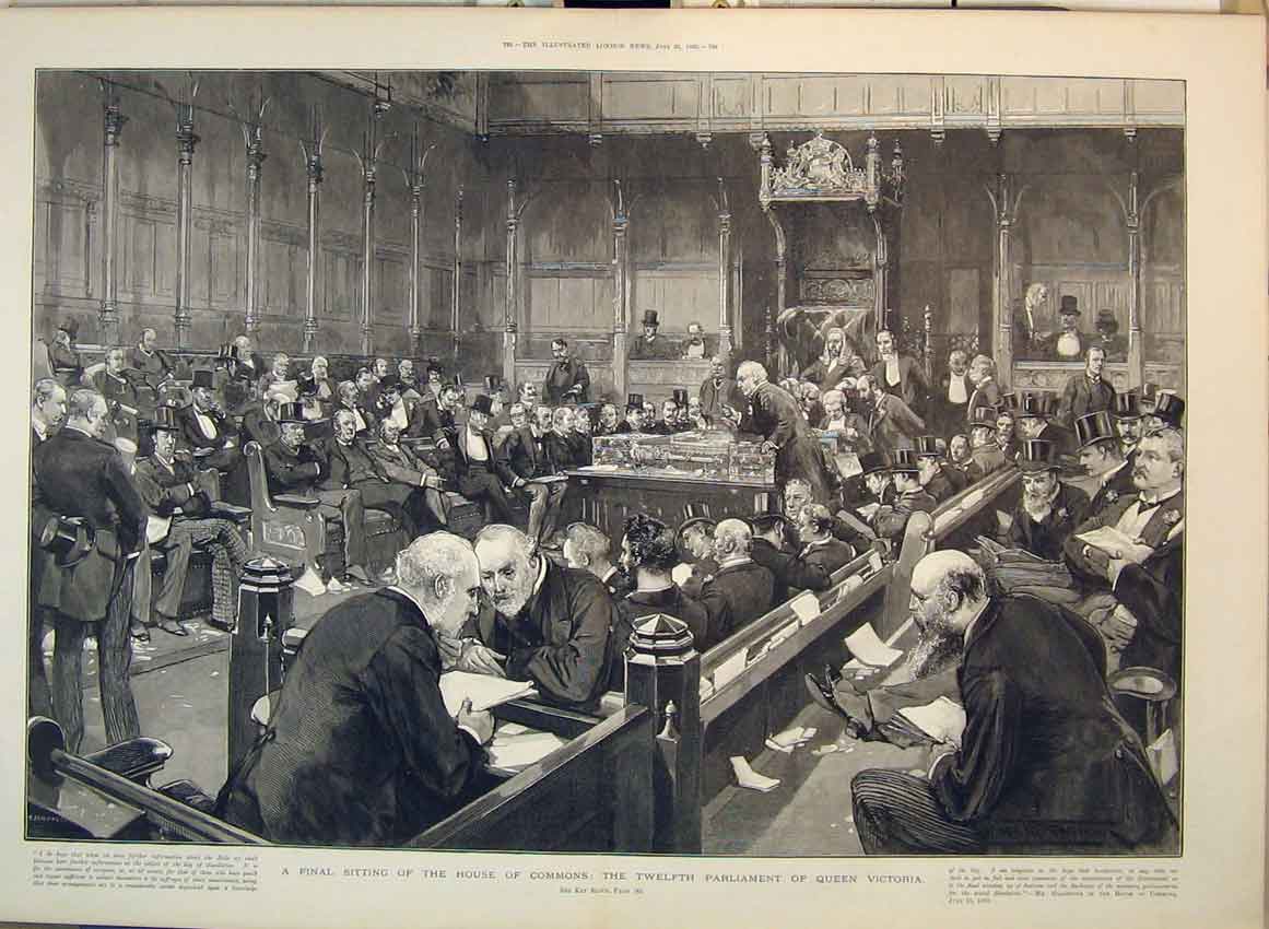Original Old Antique Print 1892 House Commons Twelfth Parliament Queen Victoria