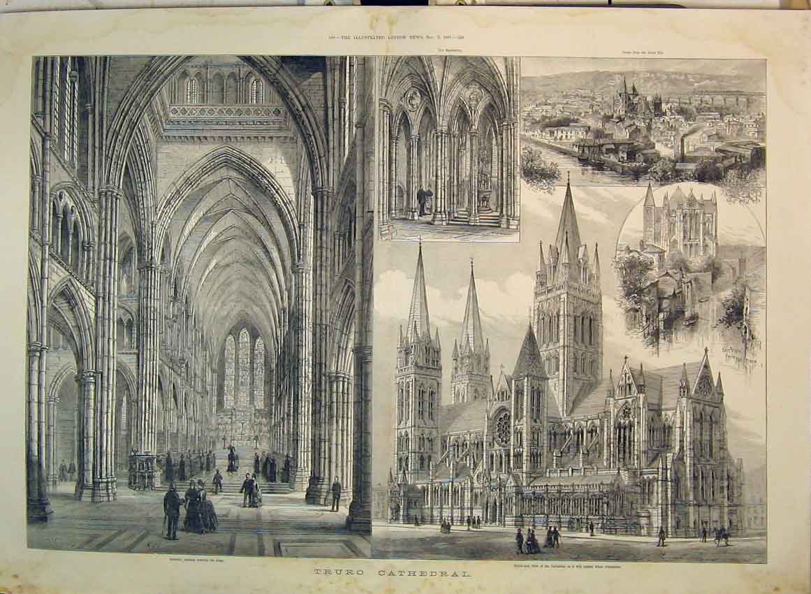 Original Old Antique Print 1887 Truro Cathedral Interior Altar River Fal Church