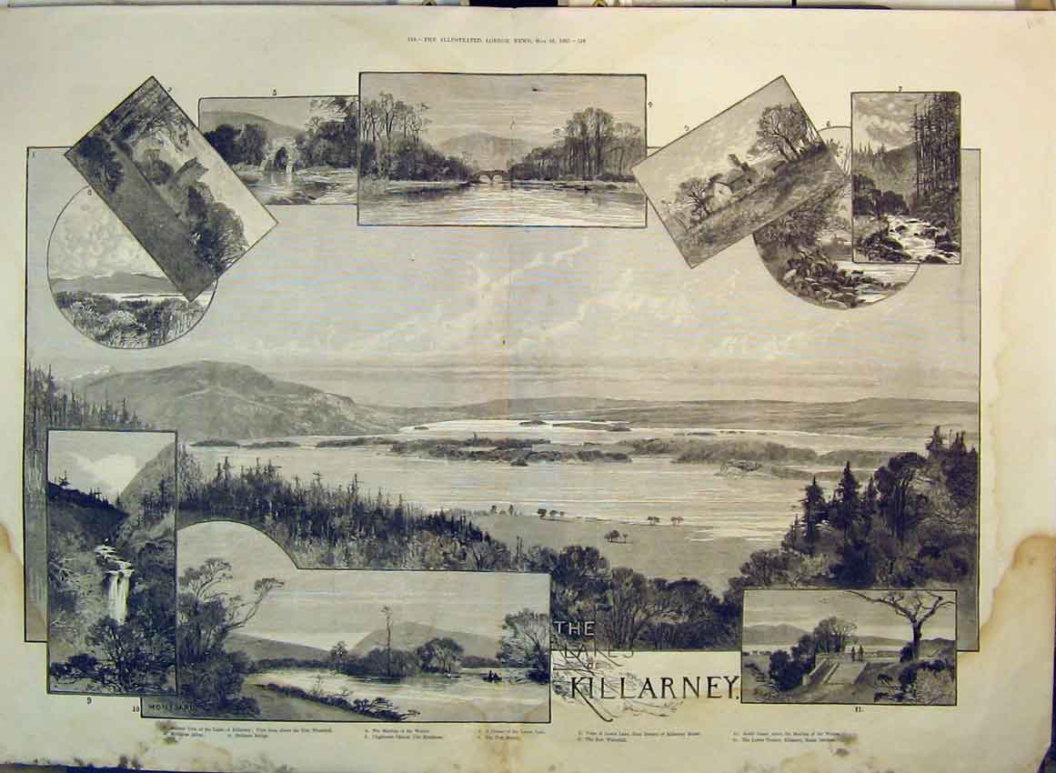 Old Antique Print Lakes Killarney Torc Waterfall 1885 Bridge Church Abbey 19th