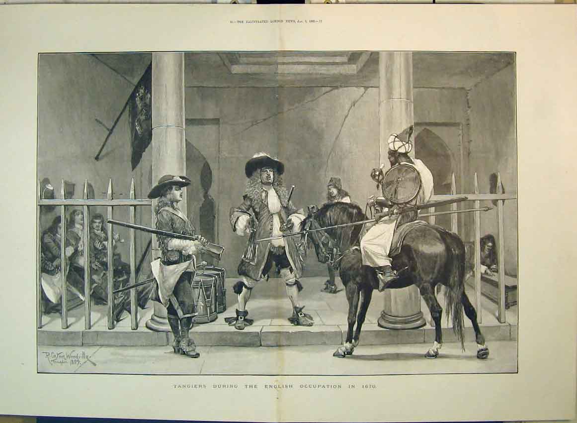 Original Old Antique Print 1889 Tangiers English Occupation Men Horse Gun Spear