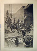 Original Old Antique Print 1884 War Scene Siers Crossing River Horses Bridge