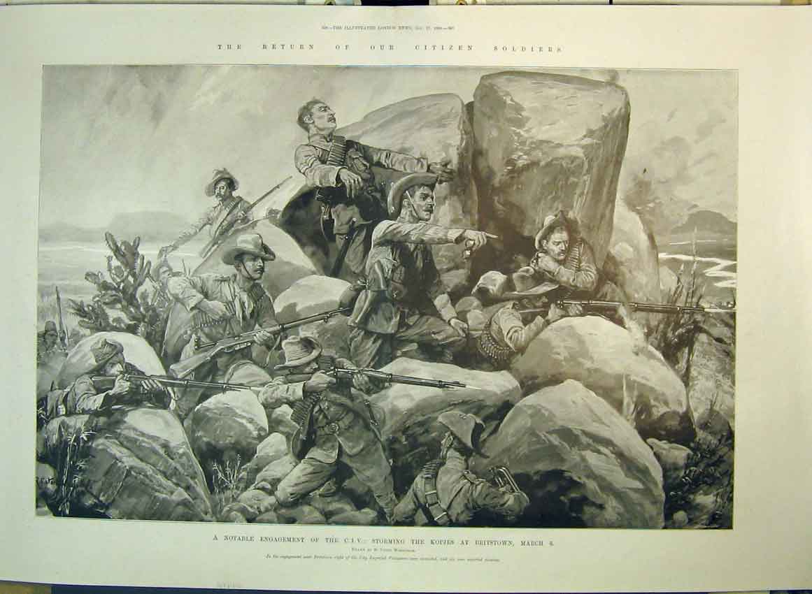 Original Old Antique Print 1900 Citizen Siers War Storming Kopjes Britstown