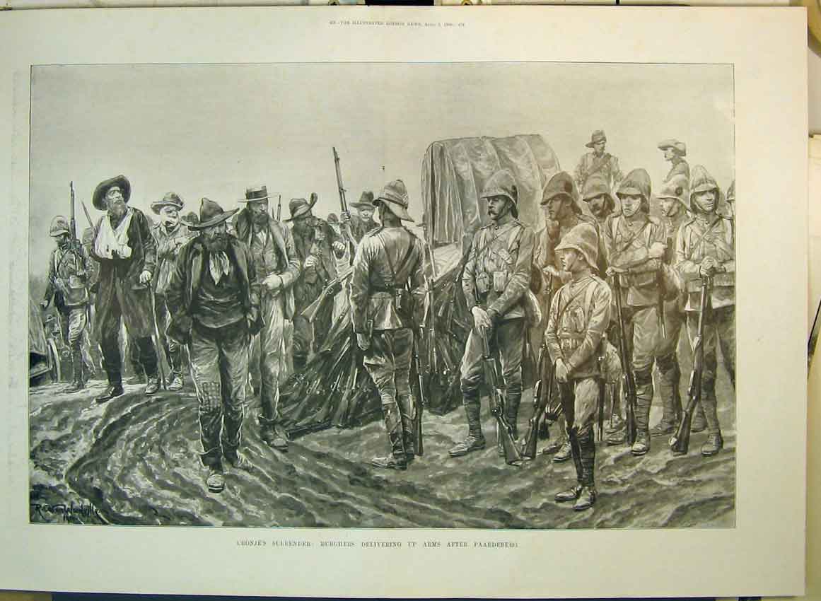Original Old Antique Print 1900 Cronjes Surrender Burghers Arms Paardeberg War