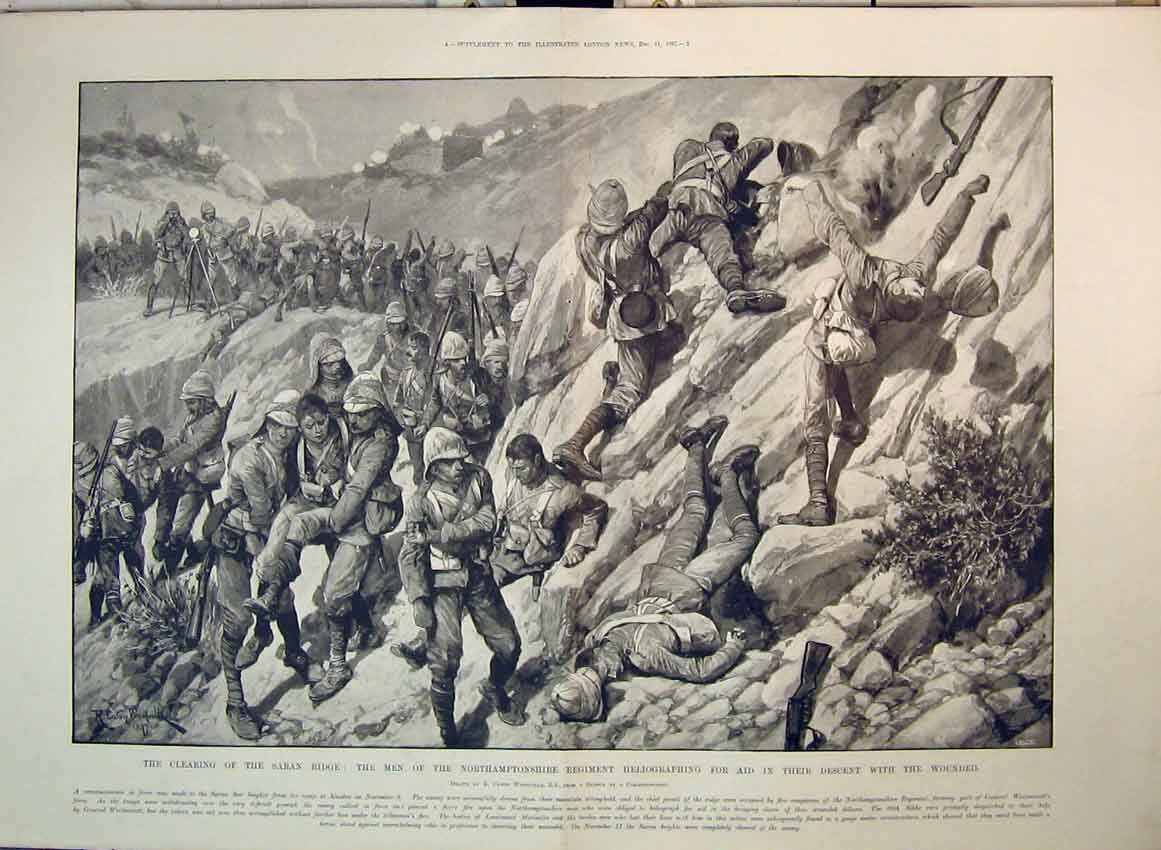 Original Old Antique Print 1897 Saran Bridge Morthamptonshire Heliographing War