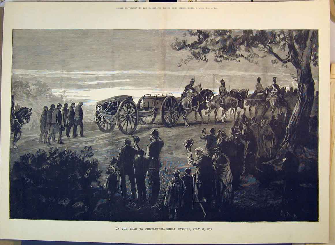 Original Old Antique Print 1879 Horses Cart Coffin Chiselhurst Siers War Trees