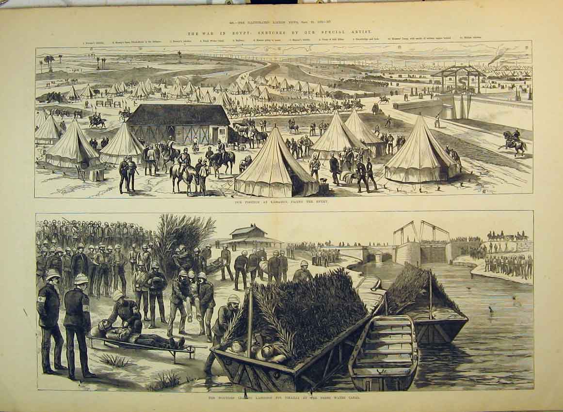 Original Old Antique Print 1882 War Kassassin Canal Boat Camp Siers Injured