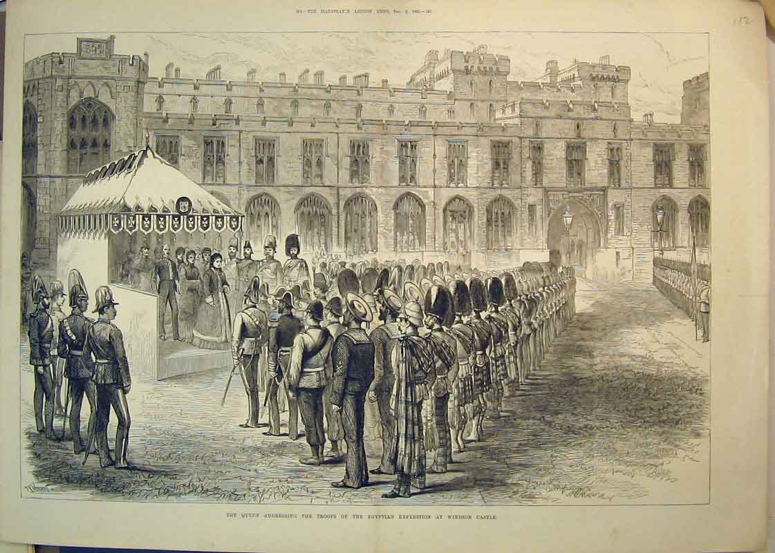 Original Old Antique Print 1882 Queen Addressing Troops Egyptian Windsor Castle