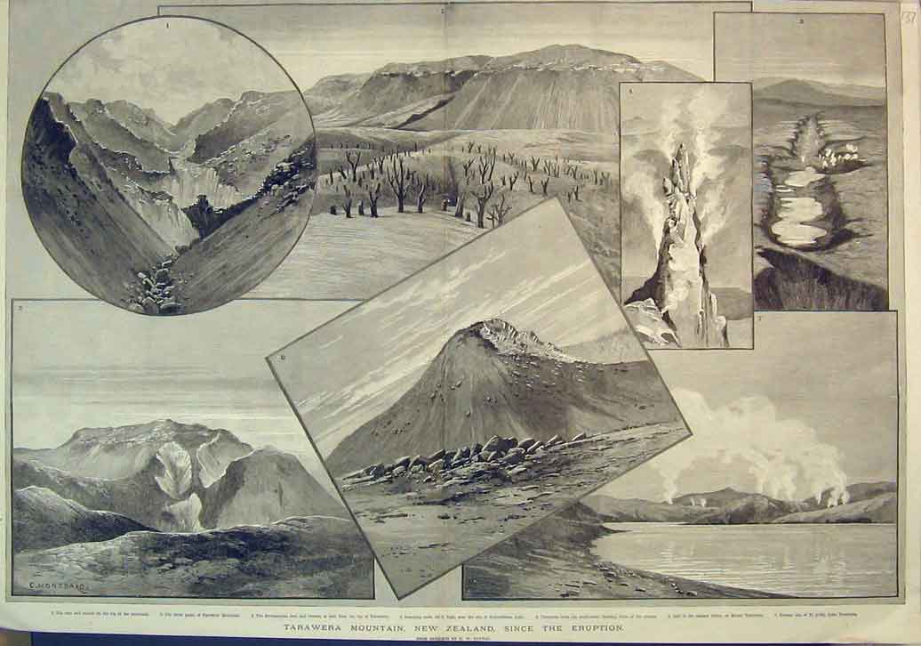 Original Old Antique Print View Tarawera Mountain New Zealand Volcano Craters