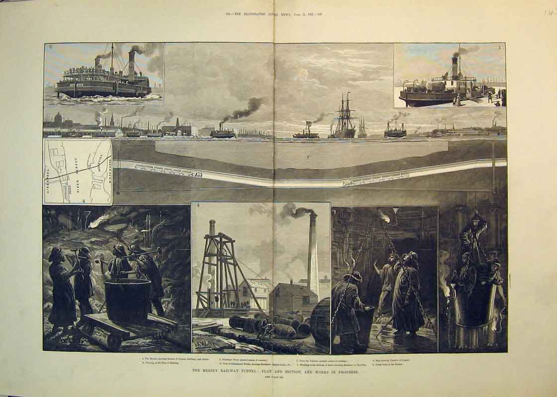 Old Antique Print 1881 Mersey Railway Tunnel Passenger Ferry Birkenhead 19th