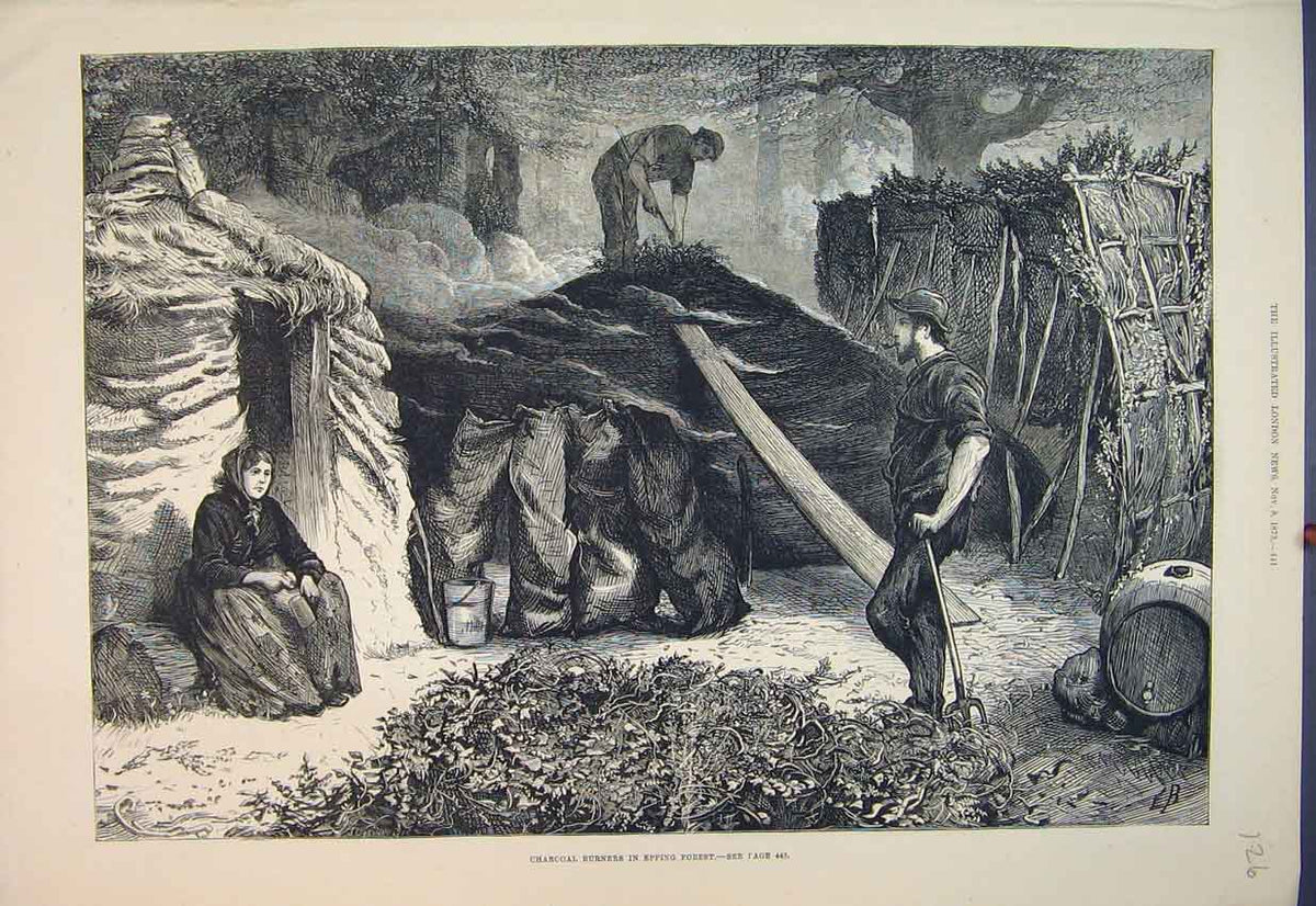 Original Old Antique Print 1879 Country Scene Charcoal Burners Epping Forest