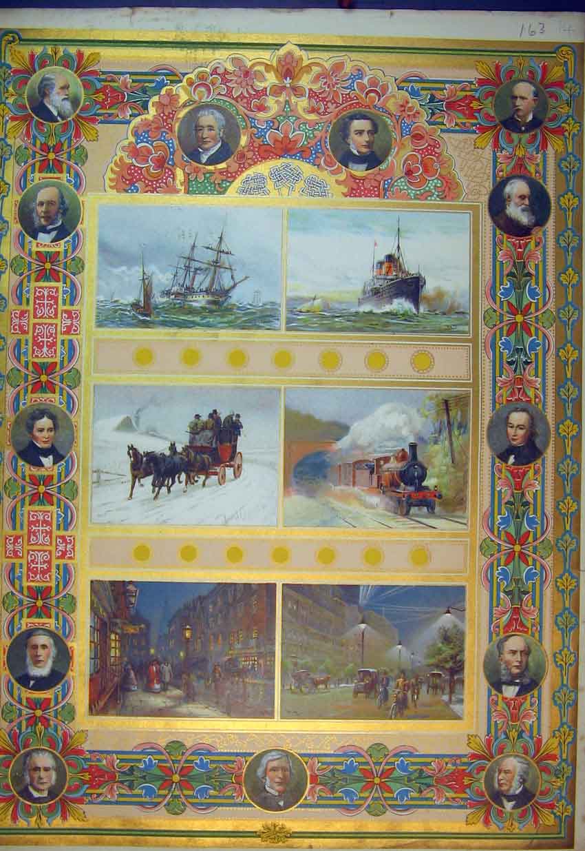 Original Old Antique Print Colour Ships Horse Coach Railway Train Street