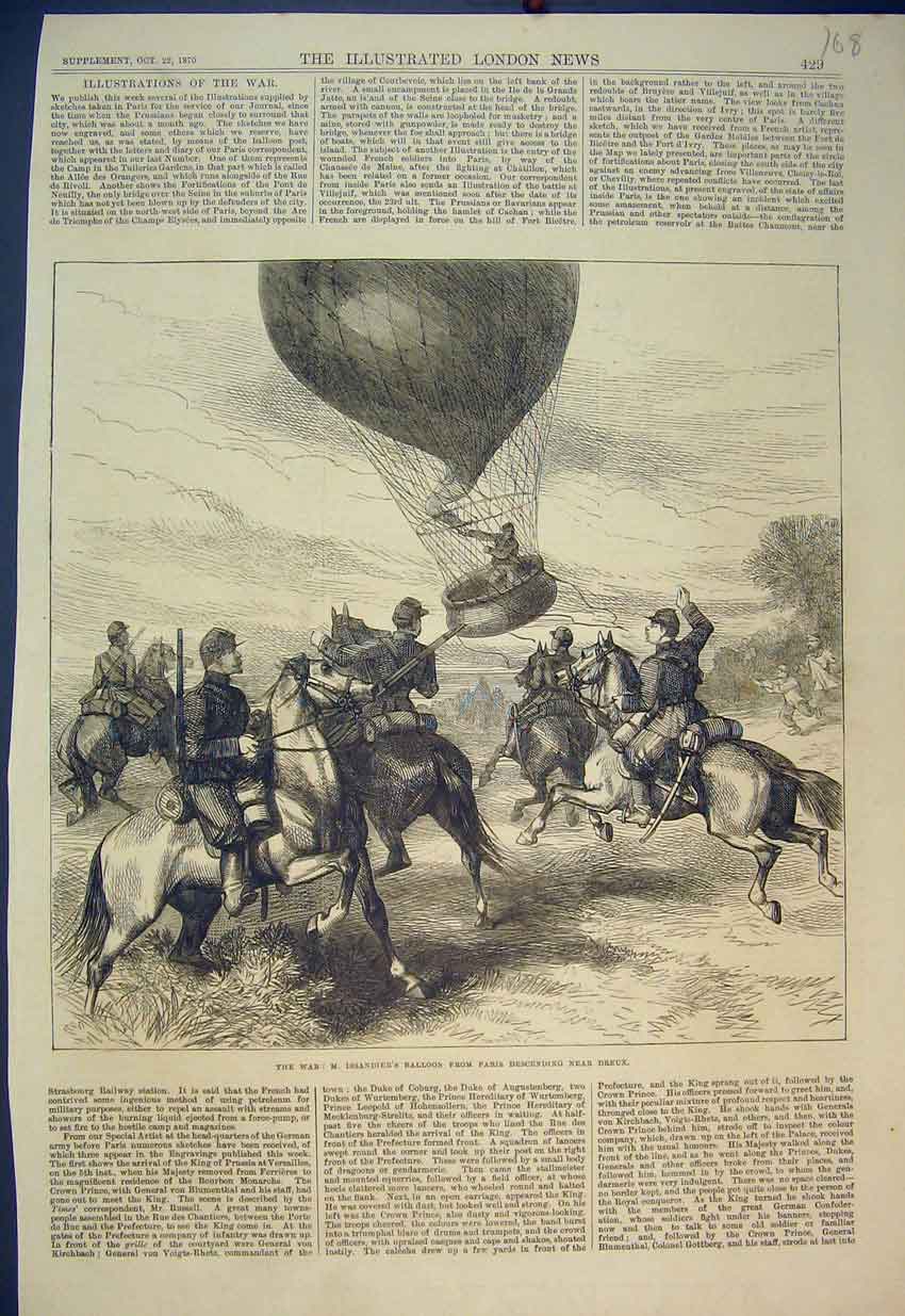 Original Old Antique Print War Issandiers Balloon Paris Descending Dreux 1870
