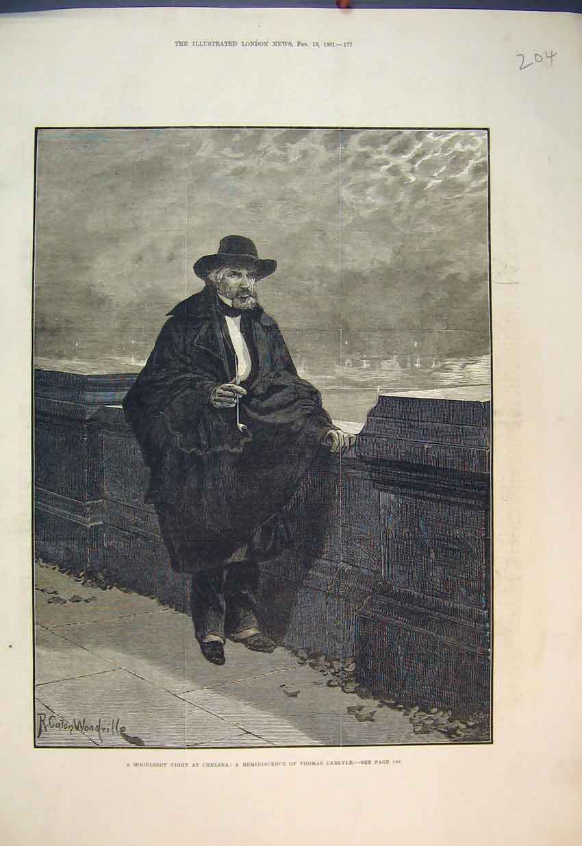 Original Old Antique Print 1881 Moonlight Night Chelsea Thomas Carlyle Fine Art