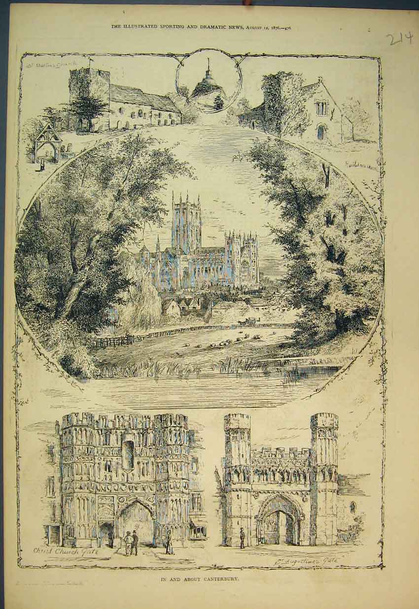 Original Old Antique Print 1876 Canterbury Christ Church Gate Augustines Church