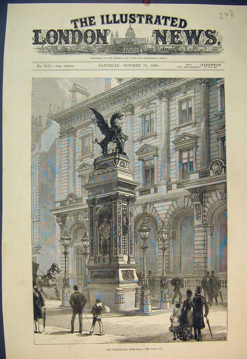 Original Old Antique Print 1880 View Temple-Bar Memorial Statue Building 19th