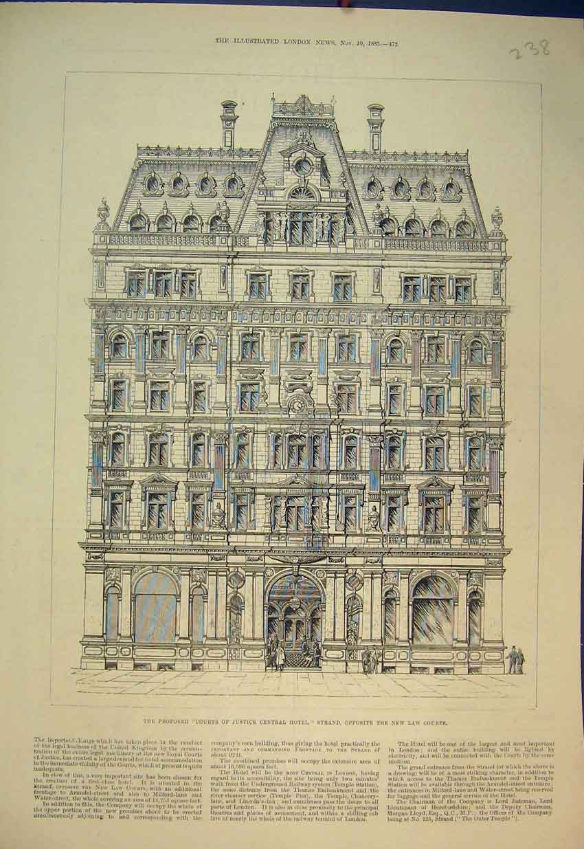 Old Antique Print Courts Justice 1883 Central Hotel Strand London Street 19th