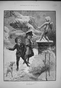Old Antique Print 1892 Young Children Playing Snowball Cupid Statue Dog 19th