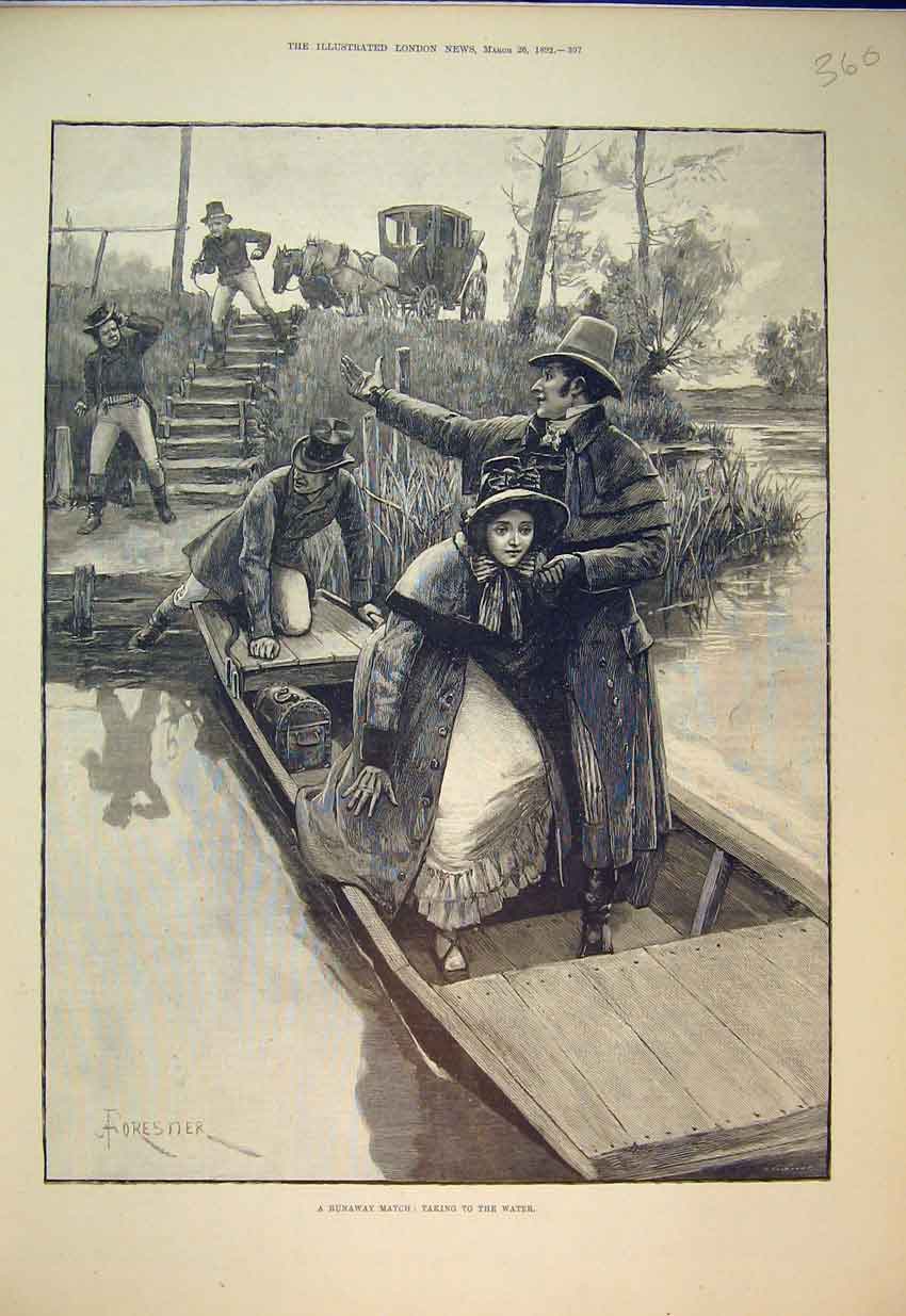 Original Old Antique Print Man Woman River Boat Romance 1892 Horse Coach 19th