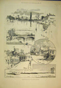 Original Old Antique Print 1892 Rifle Range Staines Bridge Boat House Windsor