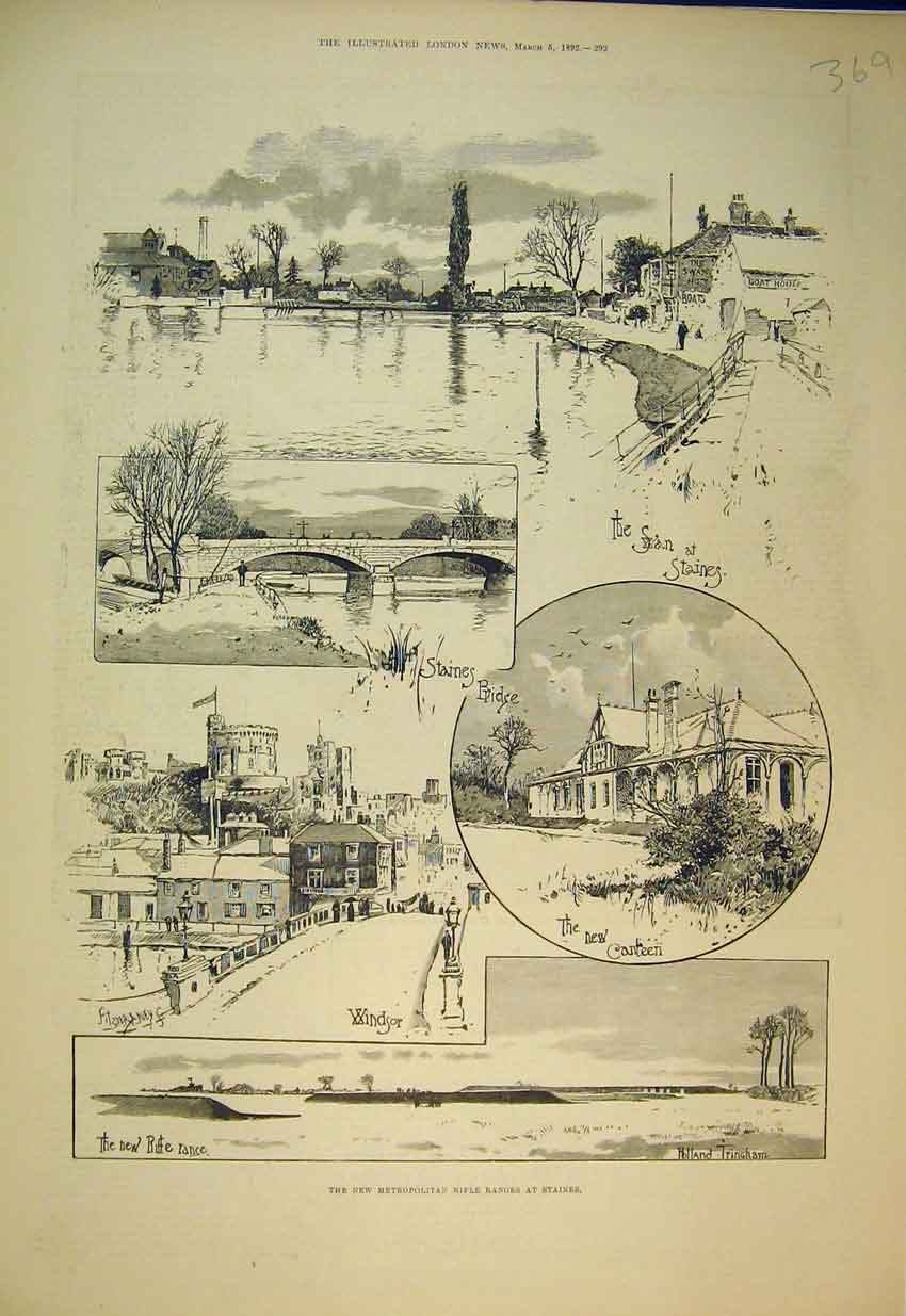 Original Old Antique Print 1892 Rifle Range Staines Bridge Boat House Windsor