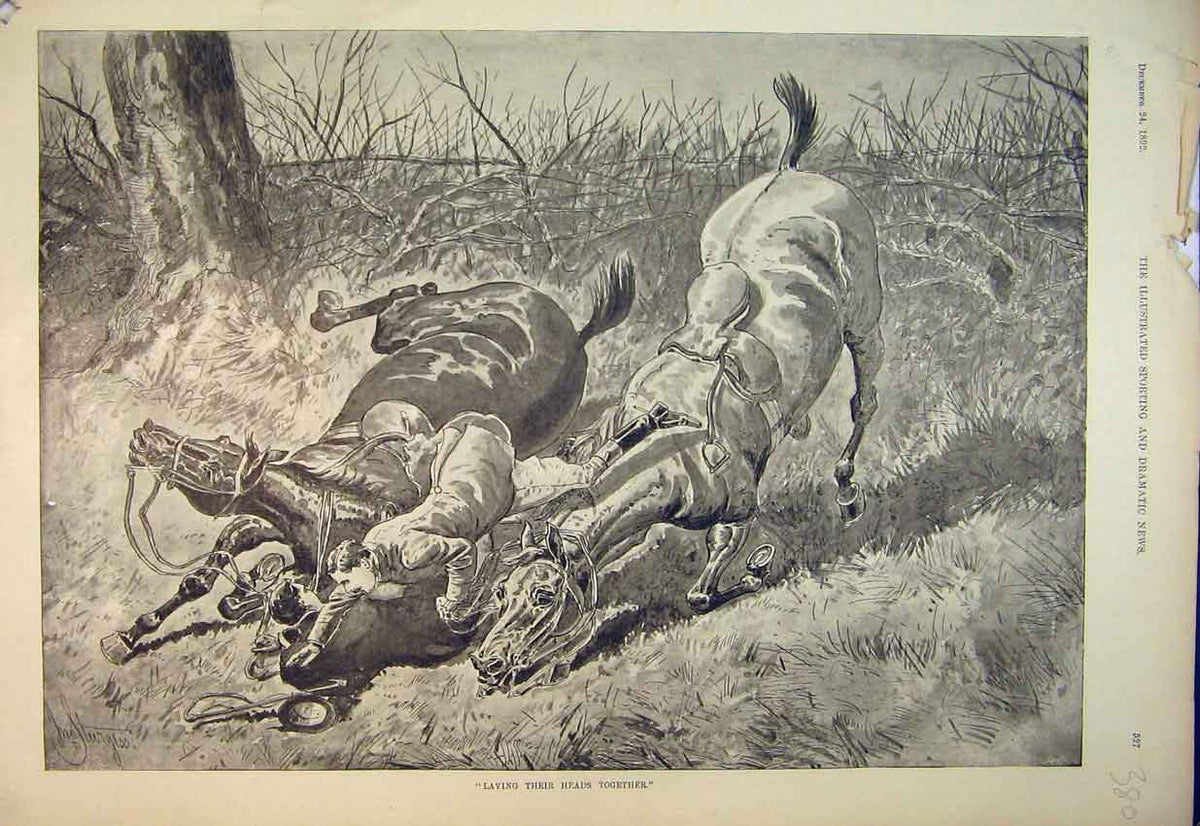 Original Old Antique Print 1892 Country Scene Men Falling Horses Jumping Fence