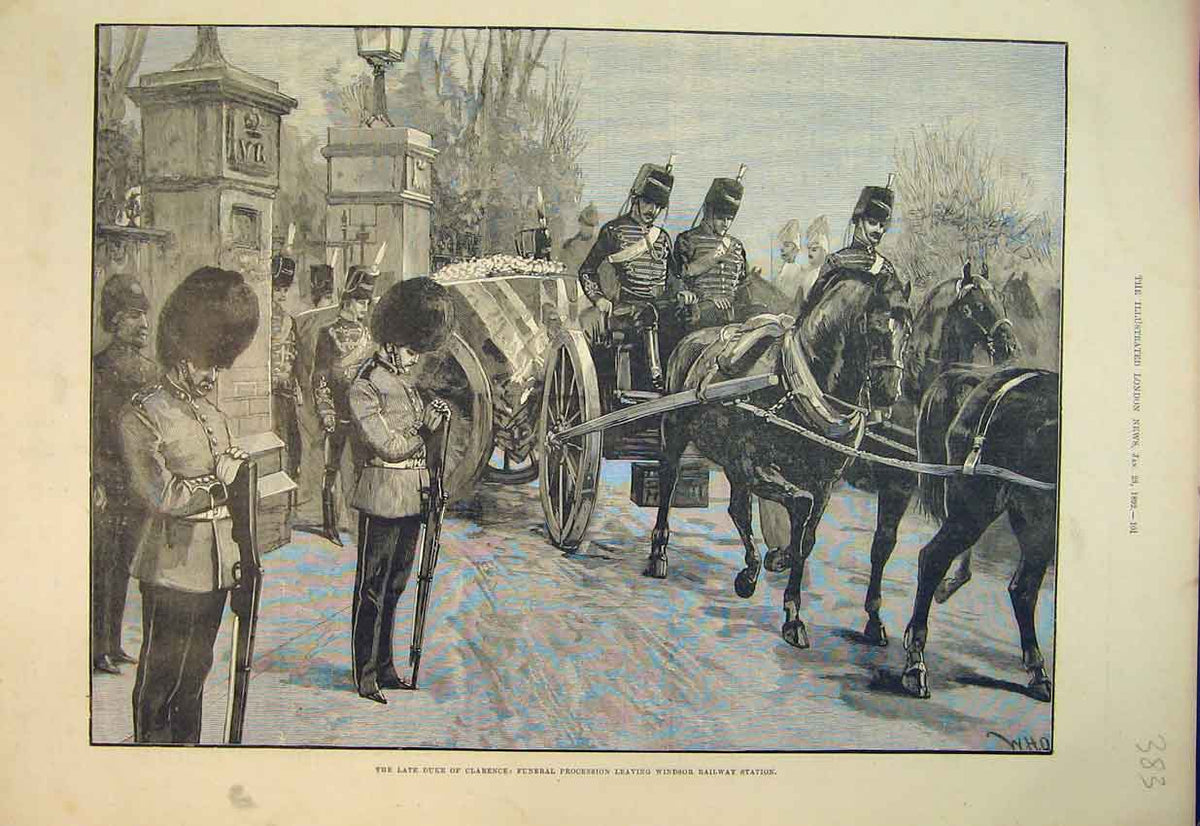 Original Old Antique Print 1892 Duke Clarence Funeral Procession Windsor Horses