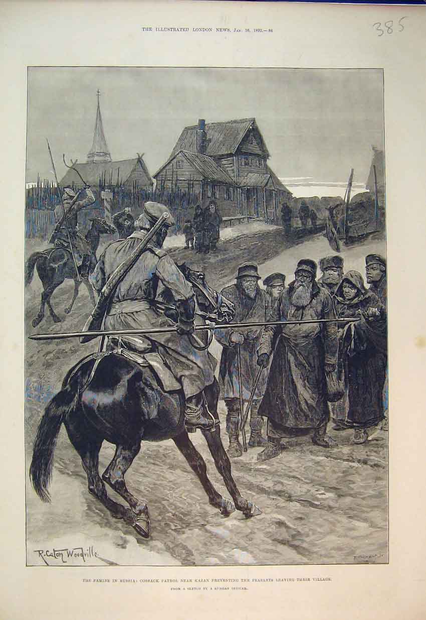 Old Antique Print 1892 Famine Russia Cossack Patrol Kazan Peasants Horse 19th