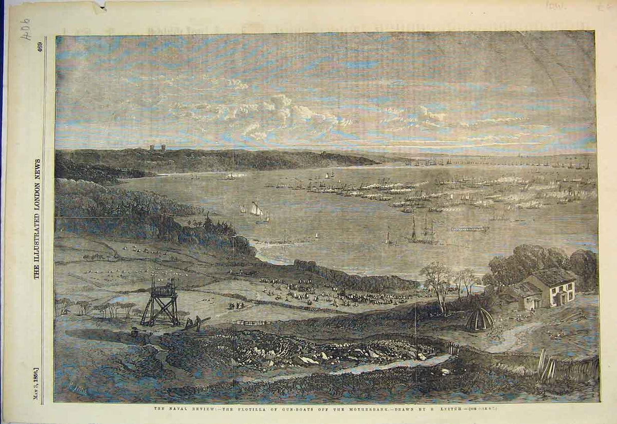 Old Antique Print 1856 Naval Review Flotilla Gun-Boats Motherbank Ships 19th