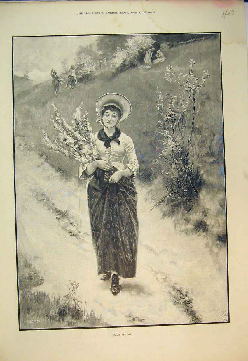 Original Old Antique Print 1892 Beautiful Young Woman Flowers Hat Victorian