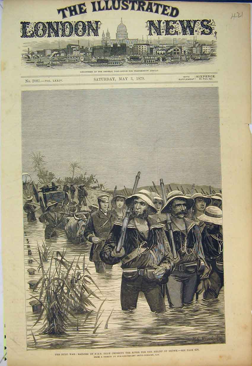 Original Old Antique Print 1879 Zulu War Sailors Shah Crossing River Ekowe Art