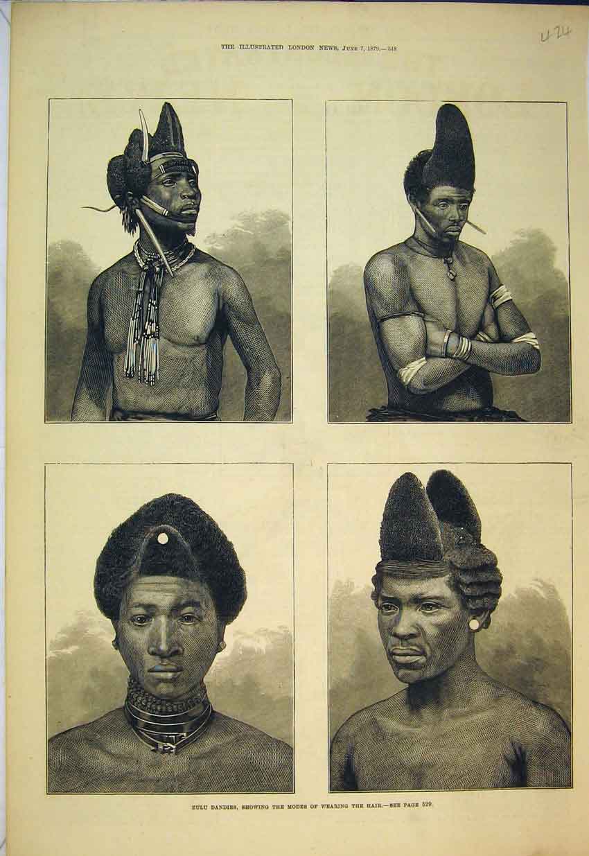 Original Old Antique Print 1879 Zulu Dandies Modes Wearing Hair Men Victorian