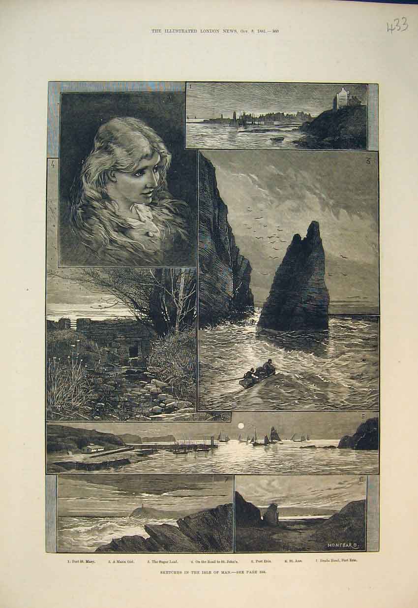 Old Antique Print 1881 Isle Man Port Mary Manx Girl Sugar Loaf Erin Ship 19th