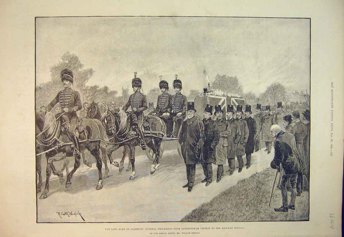 Original Old Antique Print Duke Clarence Funeral Procession 1892 Sandringham
