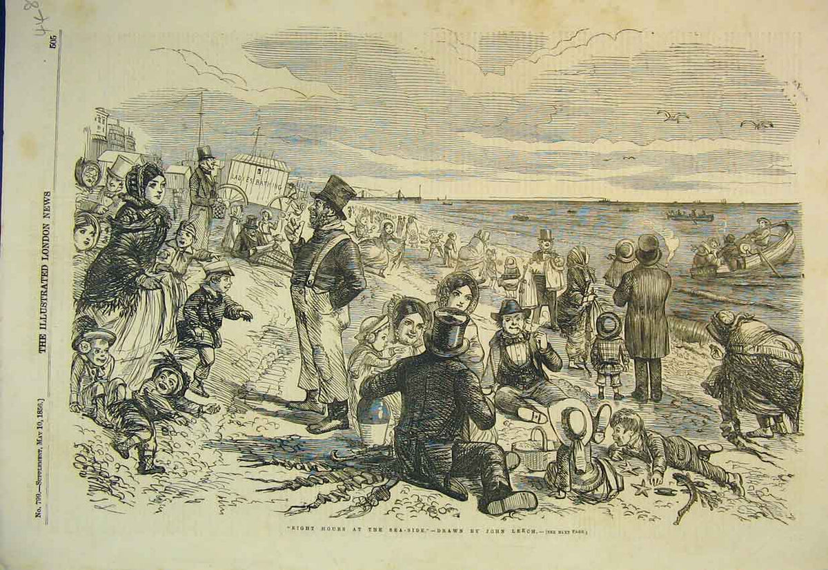 Original Old Antique Print 1856 Family Day Out Sea-Side Beach Boat Victorian