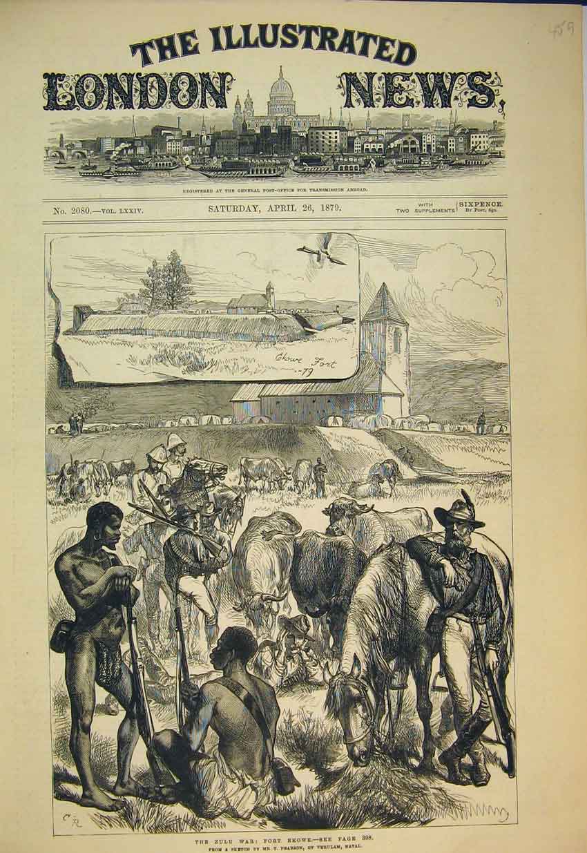 Original Old Antique Print 1879 Zulu War Scene Fort Ekowe Gun Horse Cow Verulam