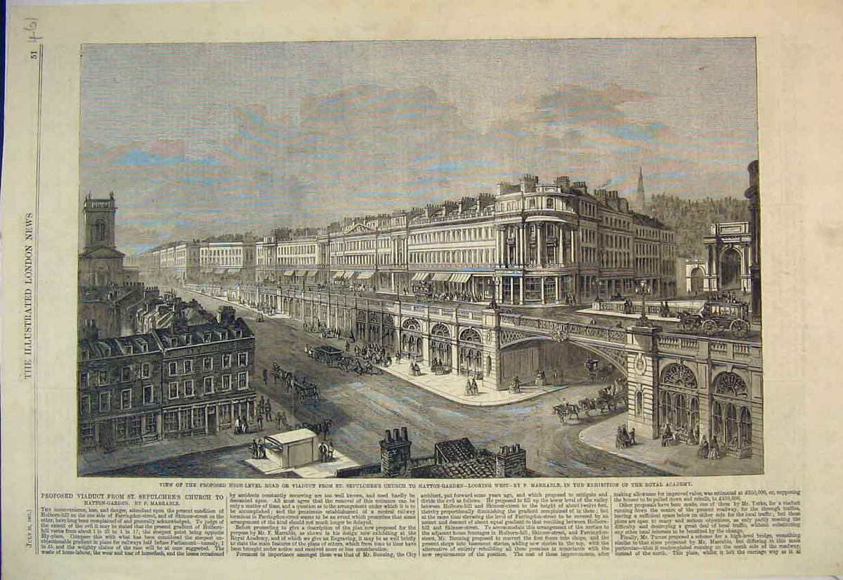 Original Old Antique Print View Viaduct Sepulchre'S Church Hatton-Garden 1861