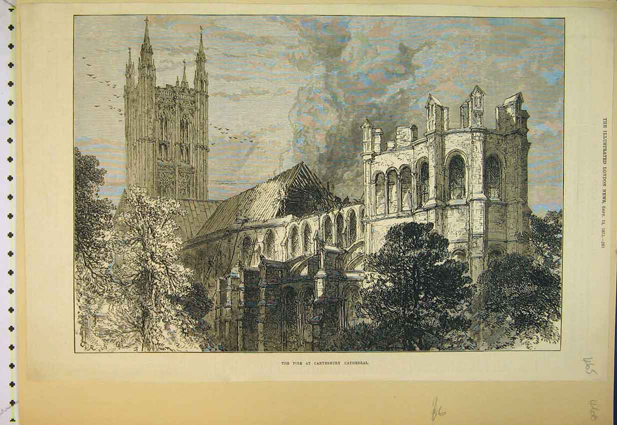 Original Old Antique Print 1872 Scene Fire Canterbury Cathedral 19th