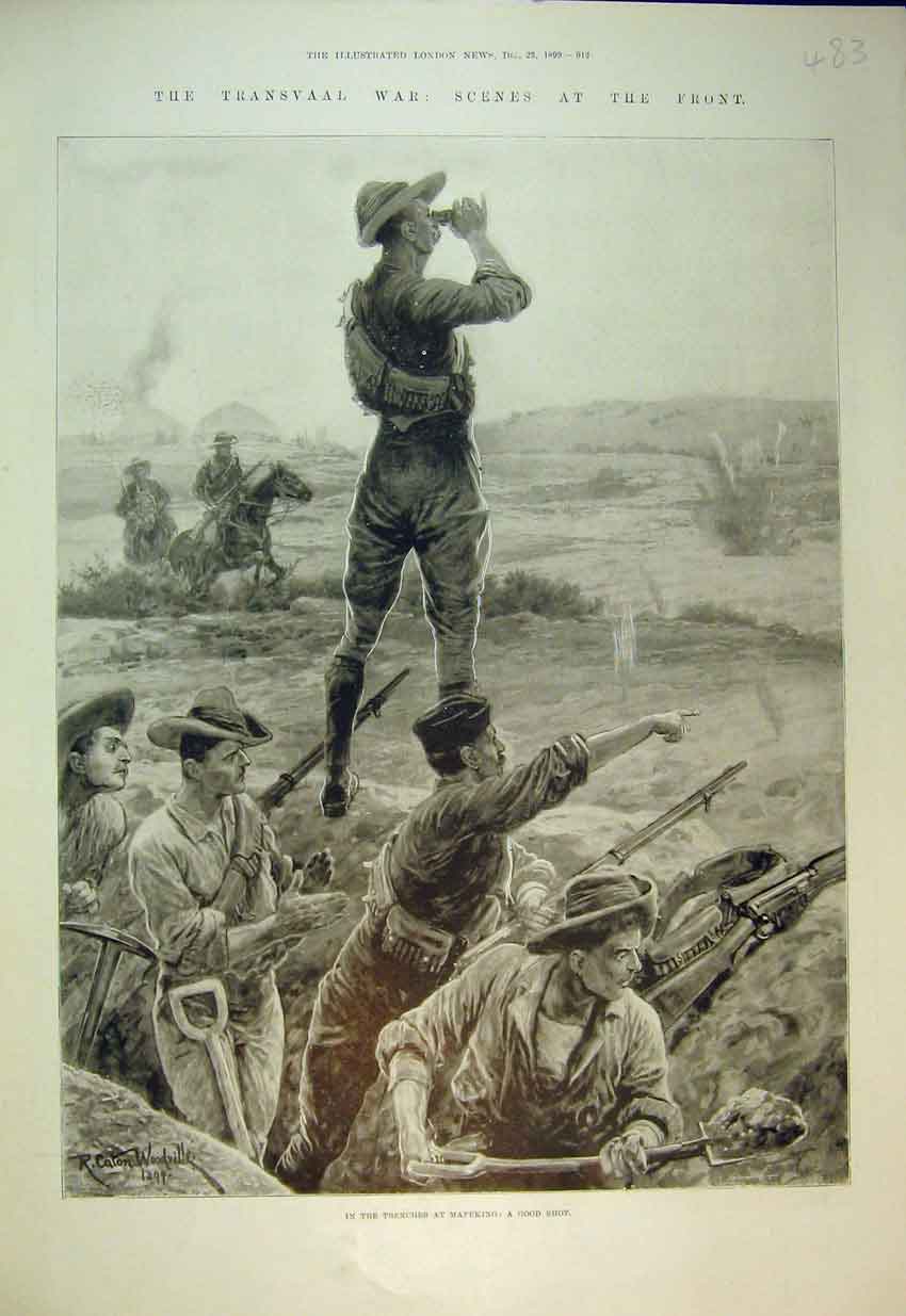 Original Old Antique Print 1899 Transvaal War Trenches Mafeking Shooting Gun