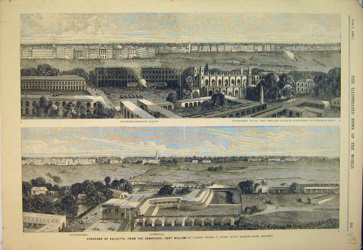 Old Antique Print 1858 Chowringhee Cathedral Calcutta Palace Government 19th