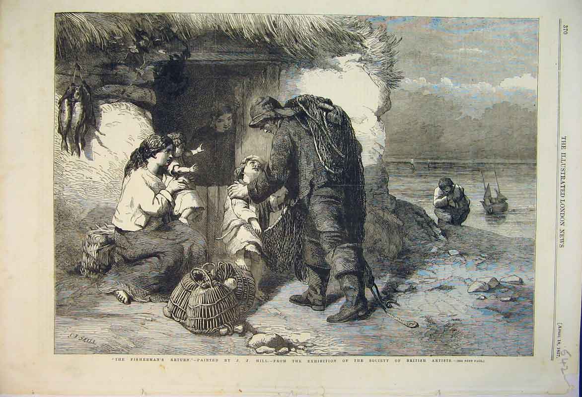Original Old Antique Print 1857 Fishermans Return Family House British Artists