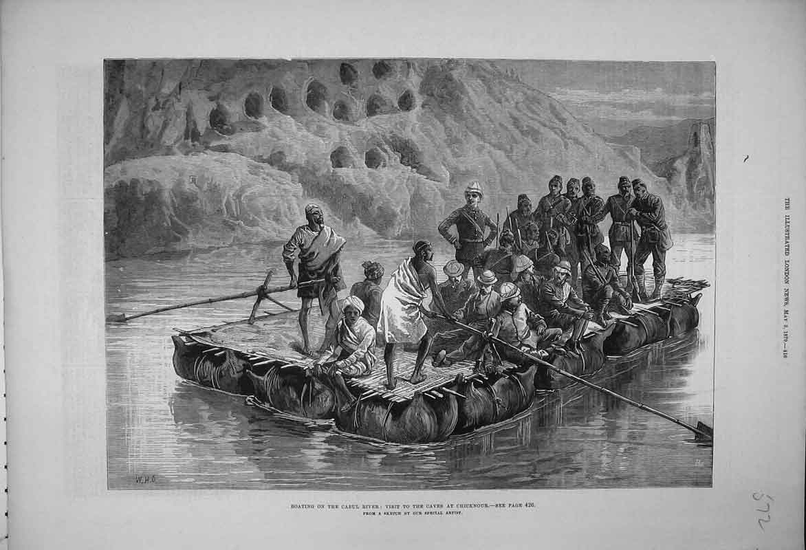 Original Old Antique Print 1879 Boating River Cabul Visit Caves Chicknour Men