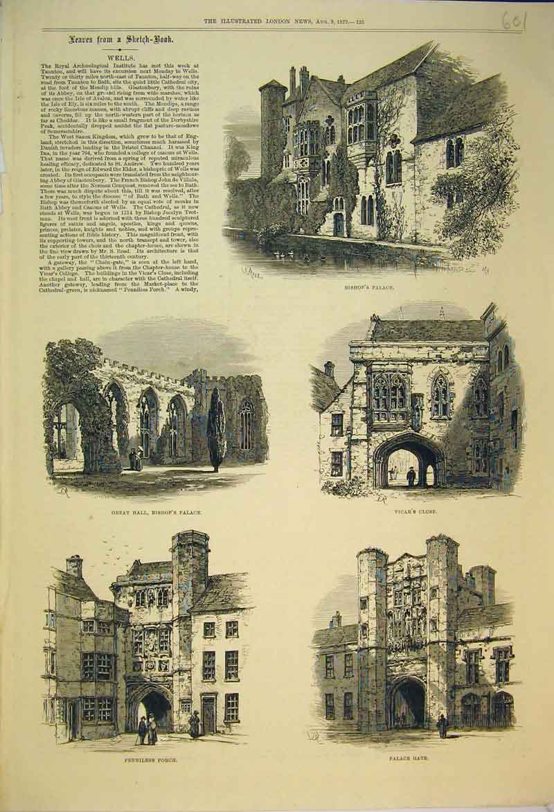 Old Antique Print Wells Bishop Palace 1879 Vicar'S Close Gate Penniless 19th