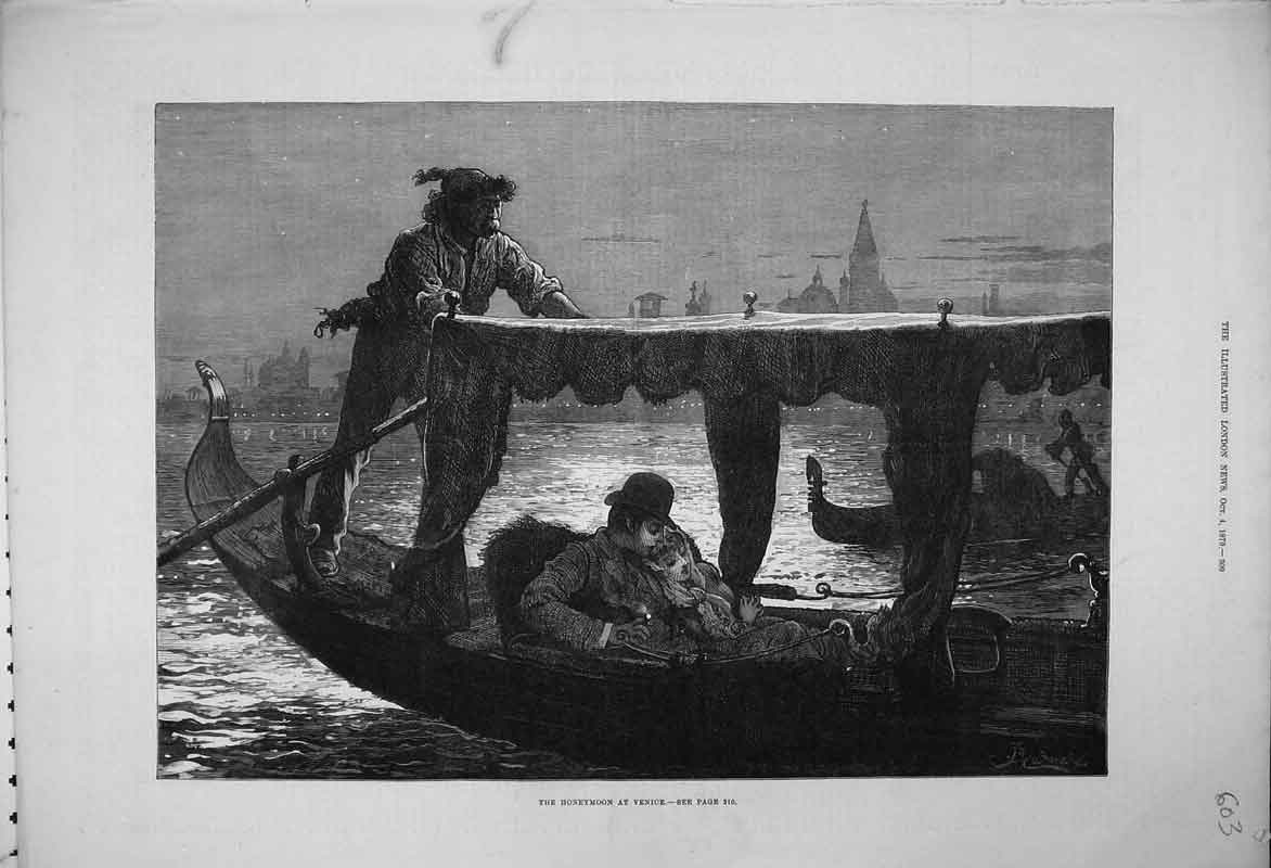 Original Old Antique Print 1879 Honeymoon Venice Boat River Romance Victorian