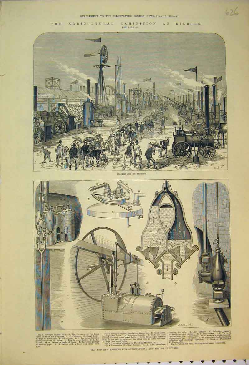 Old Antique Print 1879 Agricultural Exhibition Kilburn Engines Machinery 19th