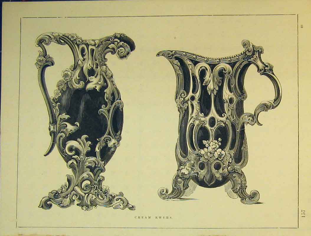 Original Old Antique Print C1899 Ornamental Design Cream Ewers 19th