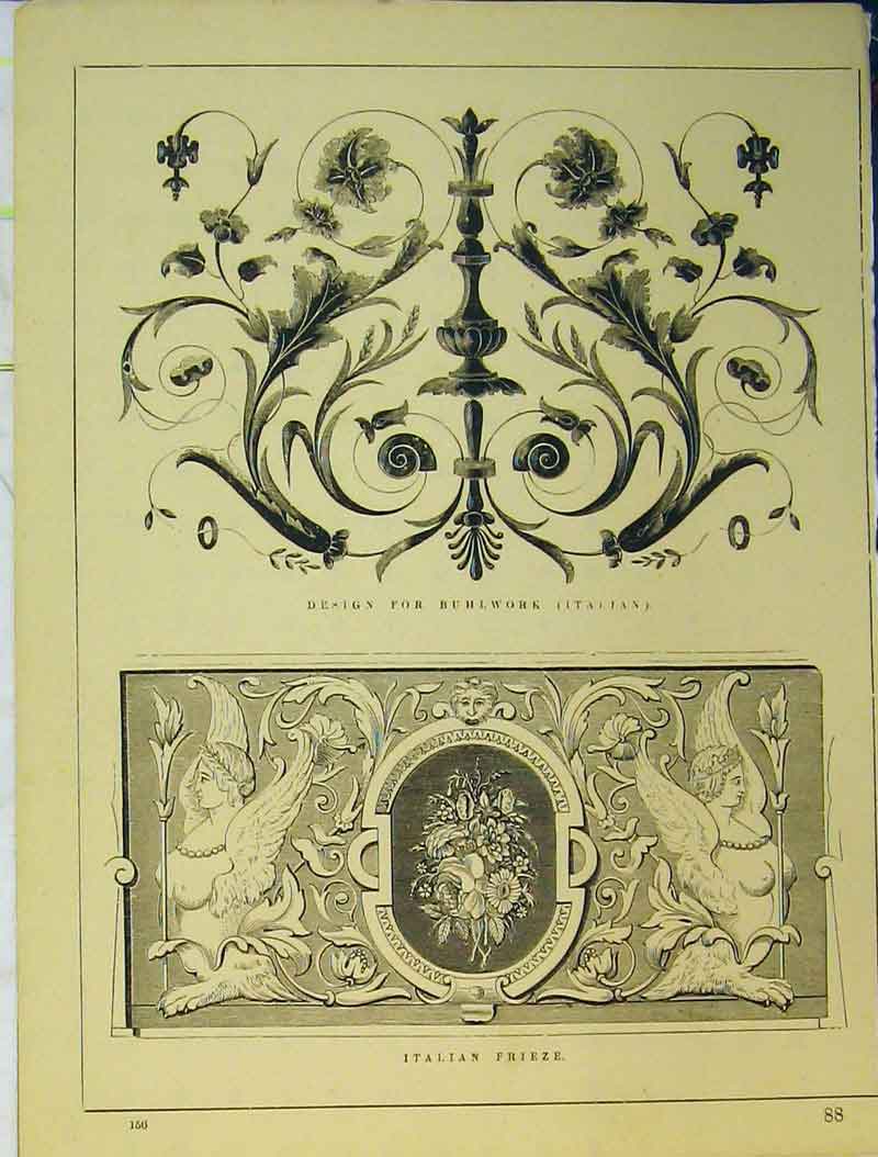 Old Antique Print Architecture C1899 Italian Frieze Buhlwork Ornamental 19th