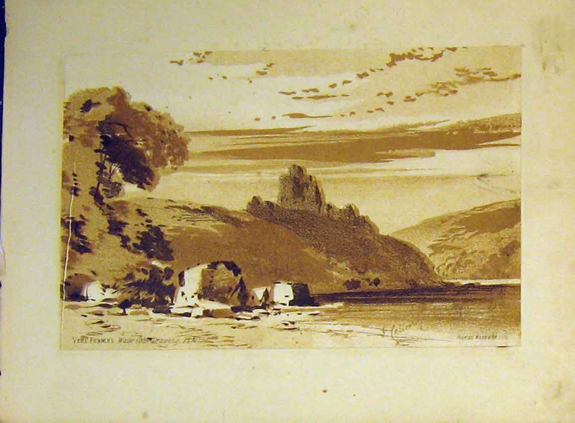 Old Antique Print C1890 Vere Foster Water Colour Lake Hills Castle Ruins 19th