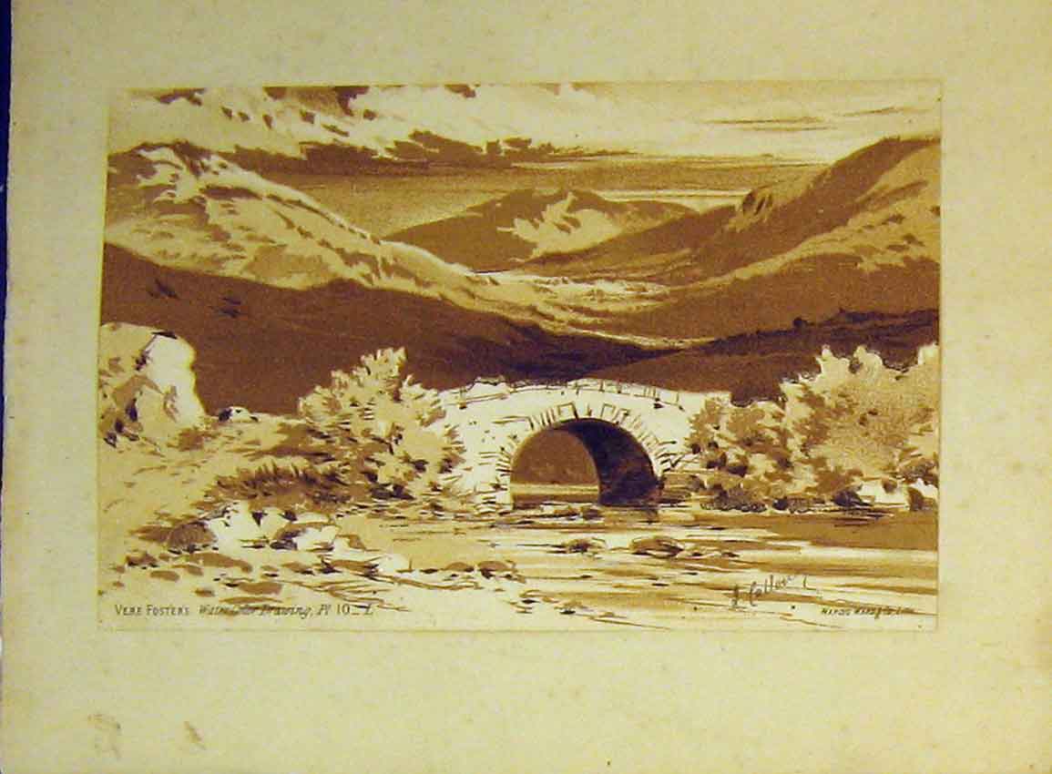 Old Antique Print C1890 Vere Foster Water Colour Mountains River Bridge 19th